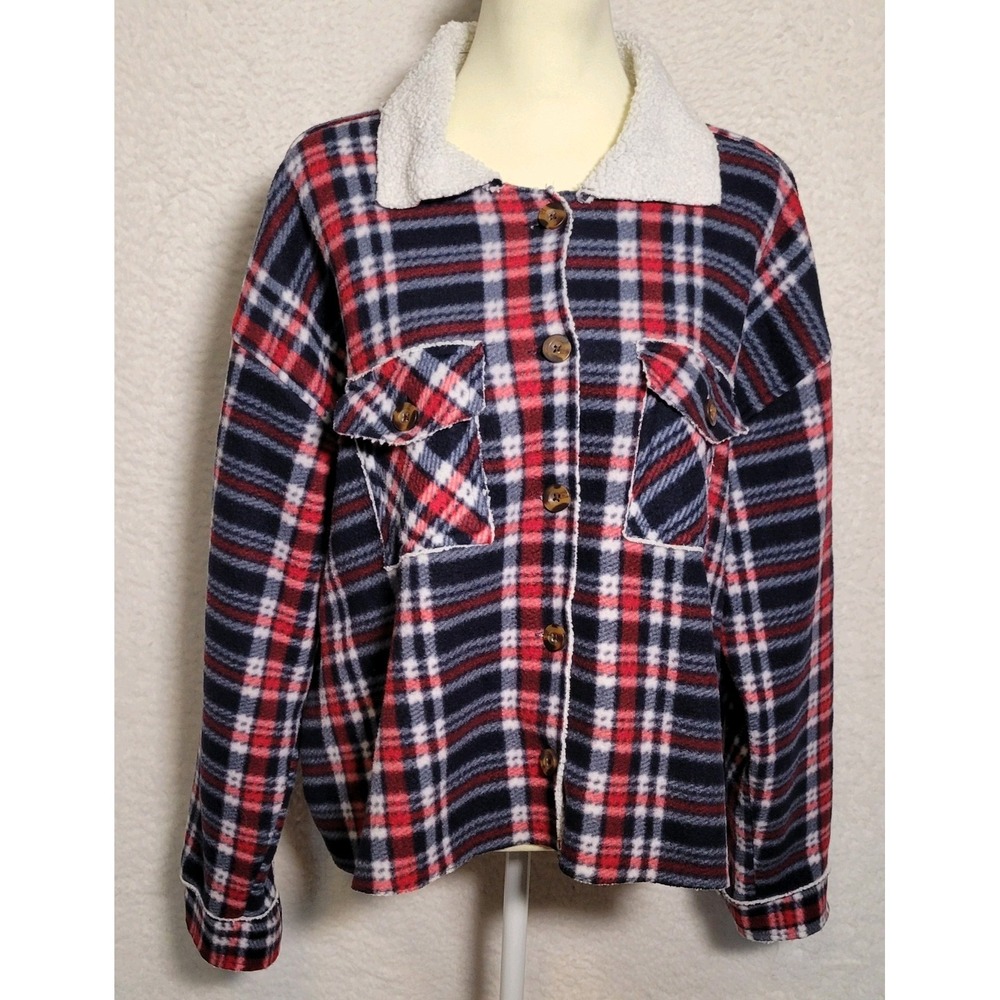 Taxi Shacket Jacket 2X Plaid Sherpa Button-Up Flannel Coat Long Sleeve‎ 0709